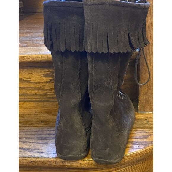 L.L. Bean Boots 10M Brown Suede Side Zip Lace Up Front Fringe Trim Moccasin Tall - Picture 4 of 9